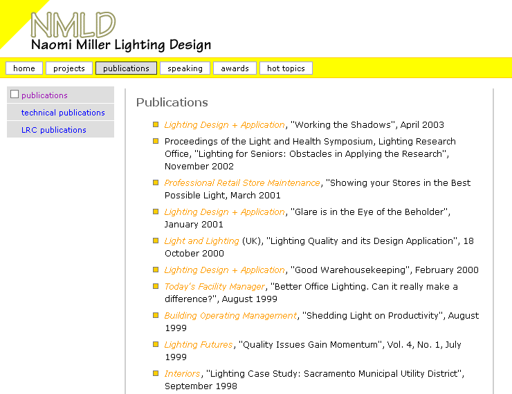 Naomi Miller Lighting Design publications page.